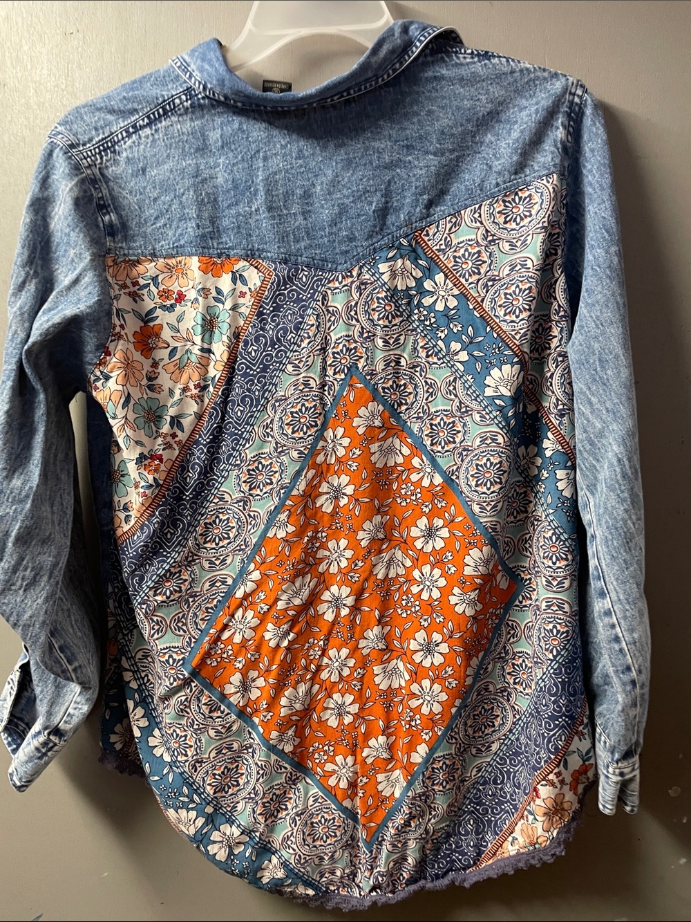 Embellished Light Blue Denim Button-Down Shirt patchwork, xl - Picture 6 of 7
